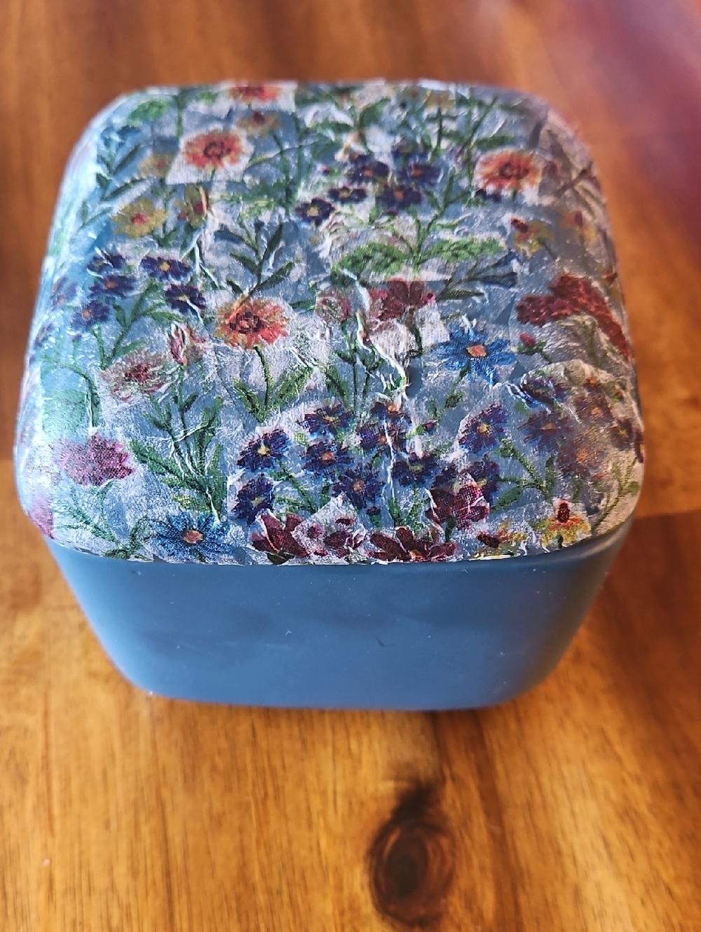 Indigo Blue Soft Cotton Storage Jar.  Decopaged Cover Approx  4x4